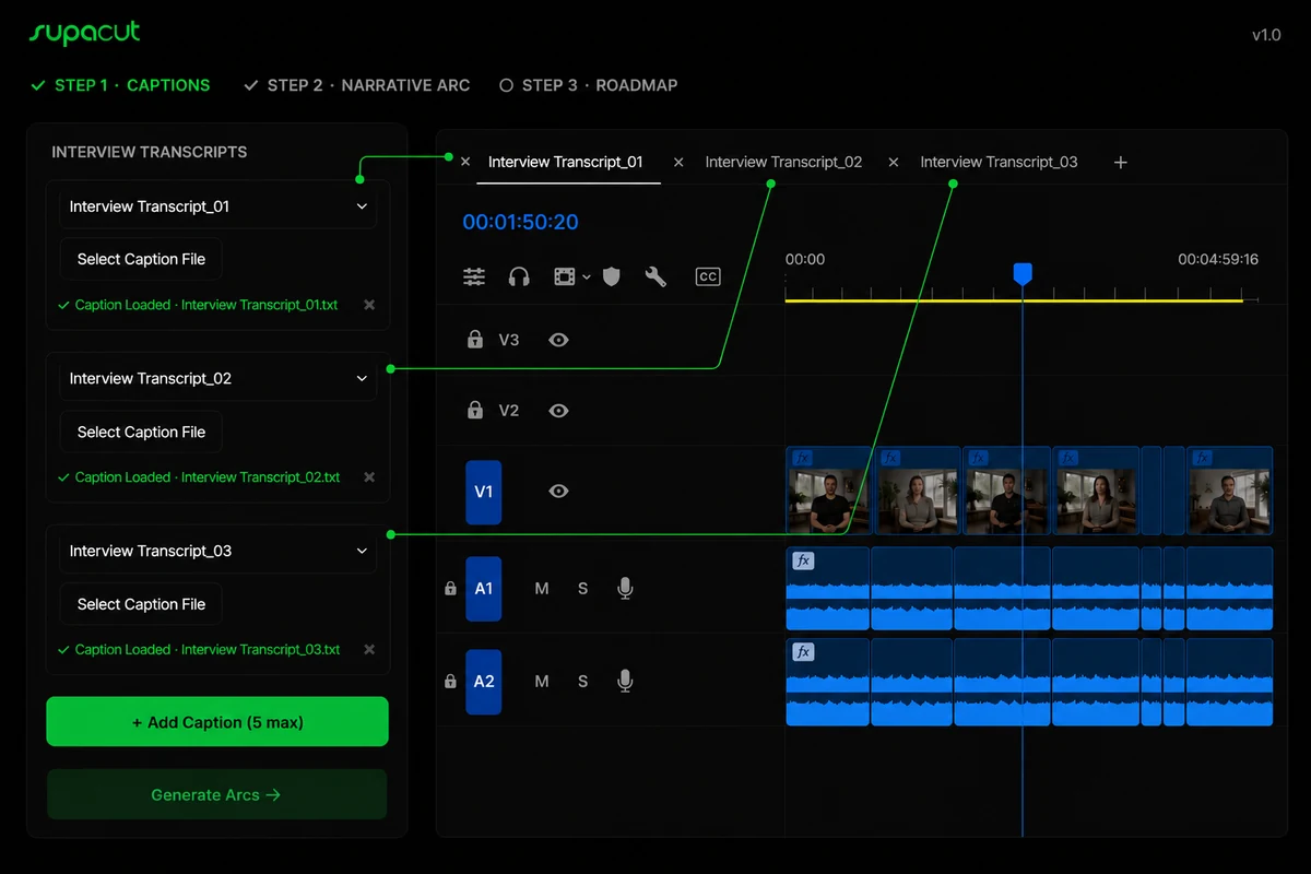 Supacut transcript analysis — interview footage mapped to a Premiere Pro sequence
